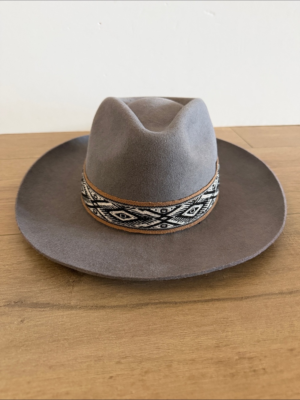 Western Woven Band Wide-Brim Felt Fedora Hat Rodeo Gray Wool Felt Size 58 Boho - Picture 2 of 7